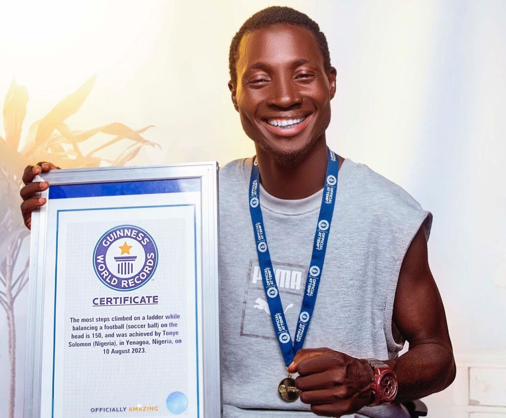 Nigerian freestyler sets Guinness World Records for ladder-climbing with Ball on head