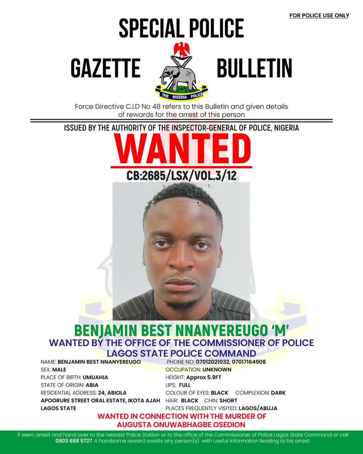 Lagos Police declares “Killaboi” wanted, 3 months after killing his girlfriend