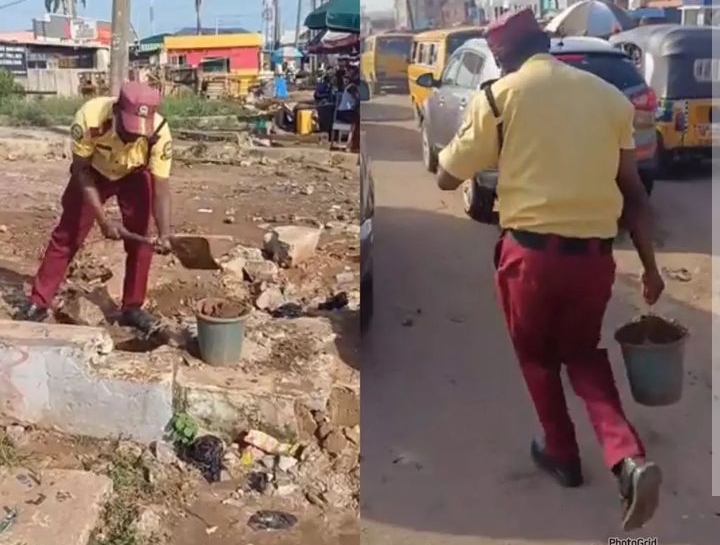 Lastma Official Goes Above and Beyond to Fill Pothole with Sand in Lagos